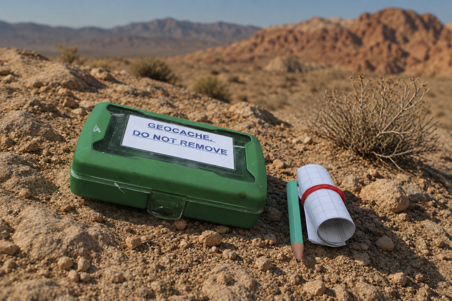 Green geocache container marked Geocache Do Not Remove sitting on desert gravel with a pencil and rolled logbook beside it