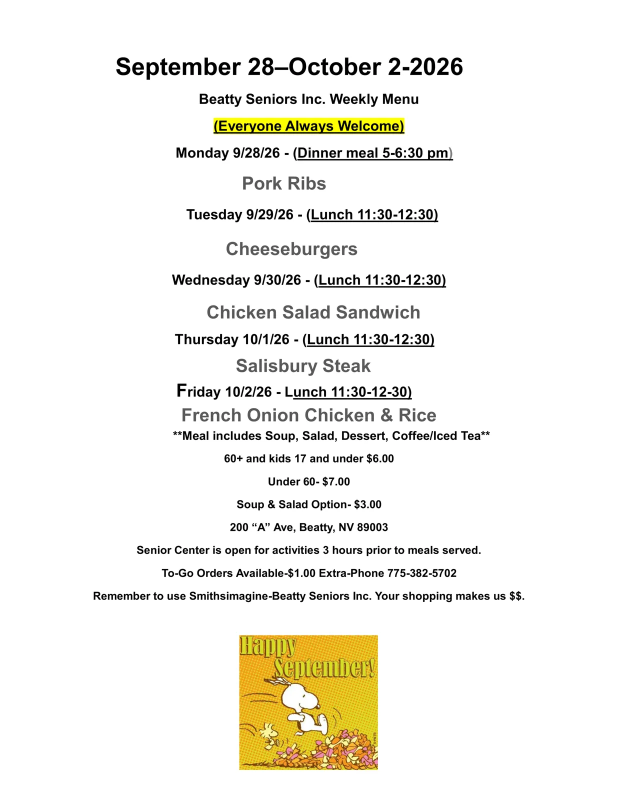 Beatty Seniors Inc. weekly menu for September 28 to October 2, 2026