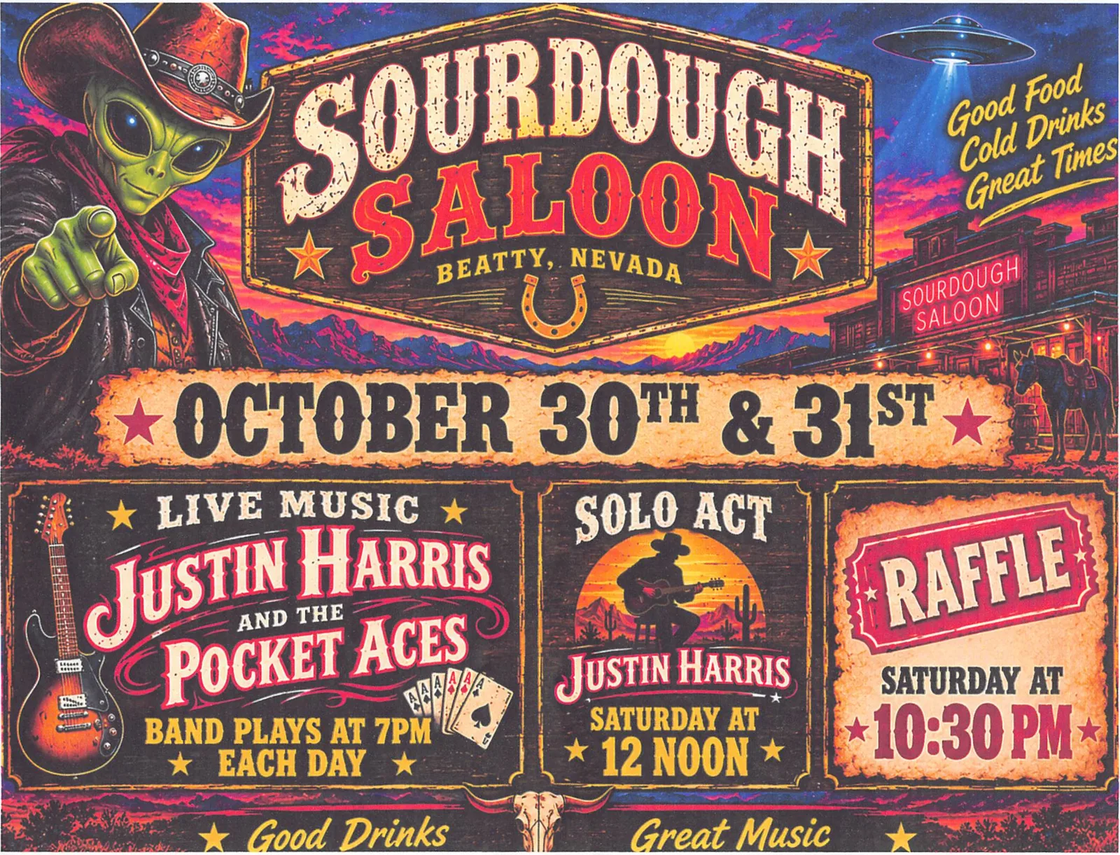 Sourdough Saloon flyer, live music October 30 and 31 in Beatty, Nevada